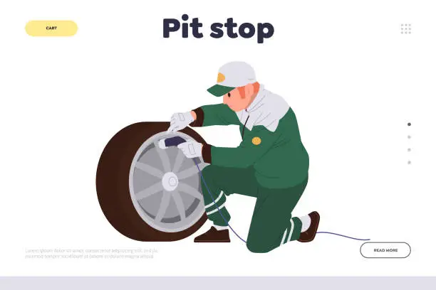 Vector illustration of Pit stop landing page with professional mechanic changing wheels providing technical replacement