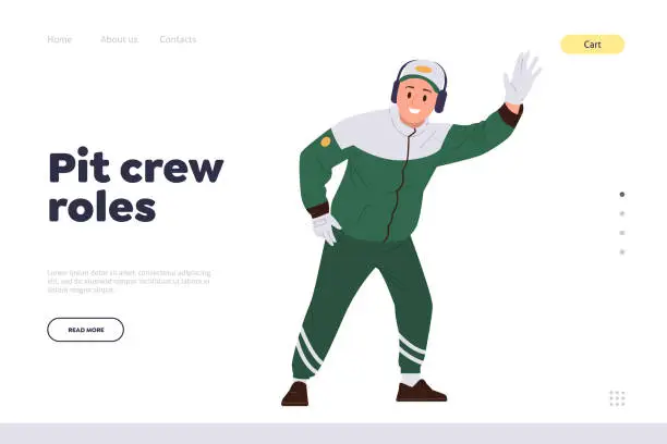 Vector illustration of Pit crew roles landing page template with maintenance technician worker waving hand stopping bolide