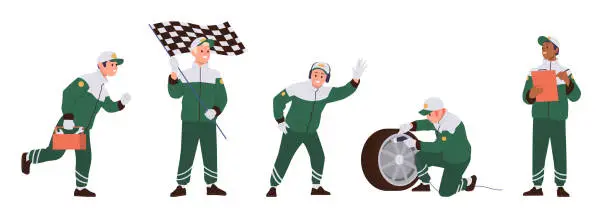 Vector illustration of Pit stop mechanics and technicians cartoon characters in team uniform on extreme rally isolated set