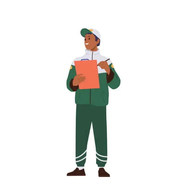Vector illustration of Pit stop worker cartoon character in green team uniform making notes in clipboard isolated on white