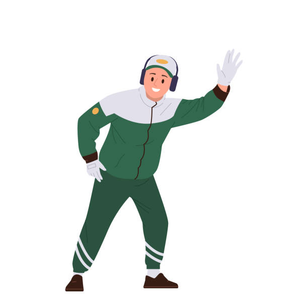 ilustrações, clipart, desenhos animados e ícones de personagem de desenho animado do trabalhador do pit stop no uniforme da equipe acenando com a mão gesticulando para o piloto do carro de corrida - crew change