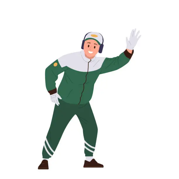 Vector illustration of Pit stop worker cartoon character in team uniform waving hand gesturing for driver of racing car
