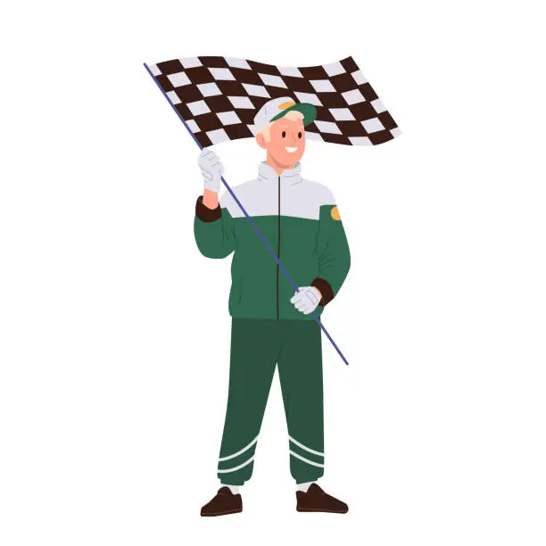 Vector illustration of Isolated smiling pit stop worker cartoon character in green team uniform holding checkered flag