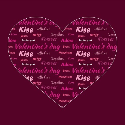 Valentine's Day flyer. Vector illustration. red and pink words in a heart-shaped frame. greeting cards