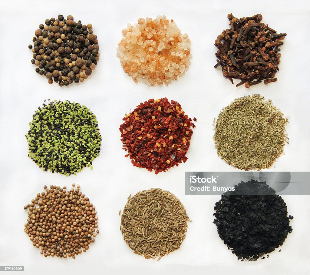 variety of spices isolated variety of spices.From left to right and up to down: Black Peppercorn,  himalayan salt,  clove,  sesame  ,  espelette chili, Provencal Herbs, coriander, cumin, black salt, Espelette pepper Stock Photo