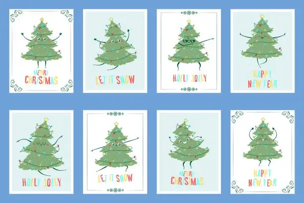 Vector illustration of Set of greeting cards Kawaii doodle Christmas tree dancing. Children's handmade naive style. Simple New Year character isolated on white background. Happy spruce concept