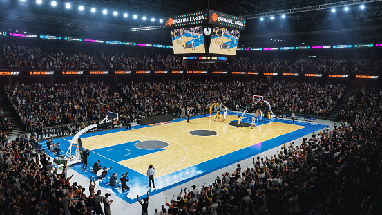 Sold Out Arena with Spectators Watching a National Basketball Tournament Match. Teams Play, Diverse Crowds of Fans Cheer. Sports Channel Live Television Broadcast. Establishing High Wide Angle Footage