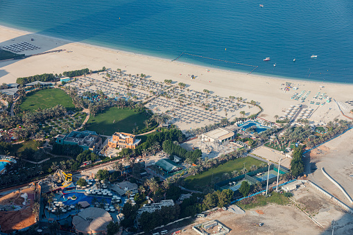 Dubai, United Arab Emirates - June 21, 2023: Jumeirah Beach Residence (JBR) beach in Dubai during a sunny day