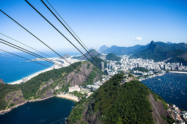 cable car на сахар, хлеб в рио-де-жанейро - rio de janeiro sugarloaf mountain overhead cable car copacabana beach стоковые фото и изображения