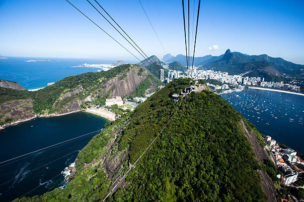 cable car на сахар, хлеб в рио-де-жанейро - rio de janeiro sugarloaf mountain overhead cable car copacabana beach стоковые фото и изображения