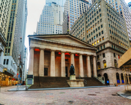 Federal Hall National Memorial on Wall Street in New York in the morning