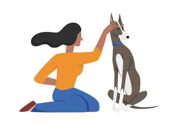 Vector illustration of Woman and happy dog sitting together, girl with pedigree animal friend