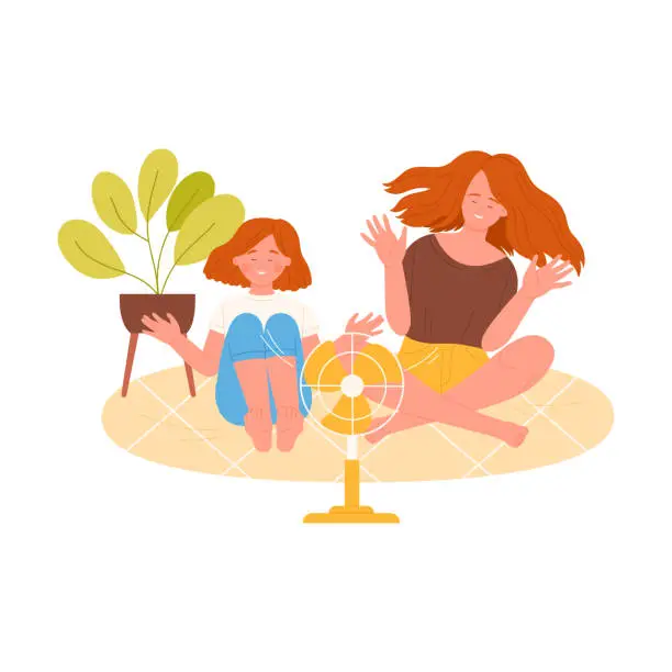 Vector illustration of Young woman and girl sitting on floor at home fan in summer heat