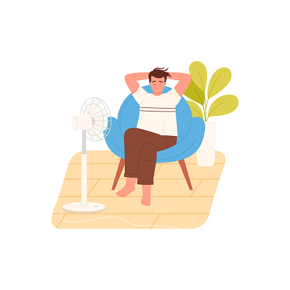 Young man sitting in home armchair near electric fan, summer relax time of guy vector illustration