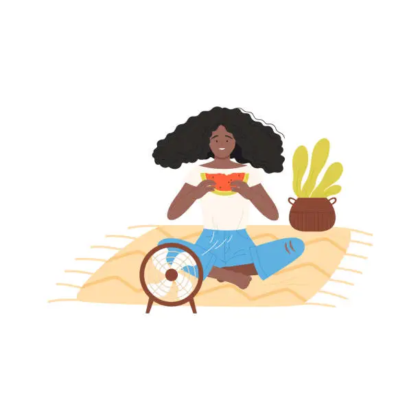 Vector illustration of Girl sitting on floor by electric fan to eat slice of watermelon in summer heat