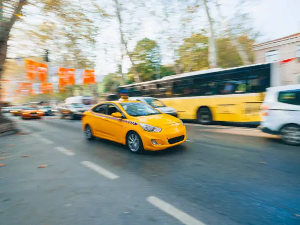 Taxicab speeding through downtown Istanbul, Turkey