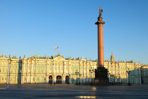 View of the Hermitage from the square with the Alexander Column, at dawn. St. Petersburg, Russia.
