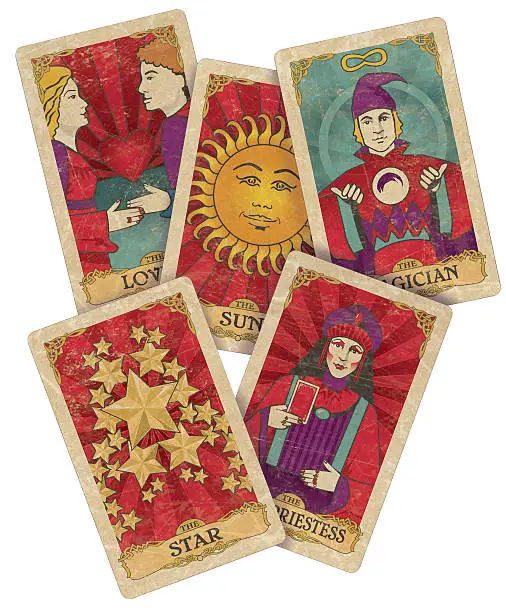 "Custom drawn assortment of tarot type cards, manipulated to look old and used, cards shown include the Lovers, the Sun, the Magician, The Star and the High Priestess. The cards were drawn by myself, based on various tarot cards I had seen in the past (i.e. most tarot decks had a Priestess card, with a mystical female figure, etc. - but I drew my own versions). That's why there are only these five cards, they are the only ones I drew. While they are based on typical tarot cards, they are not taken from any specific printed deck."