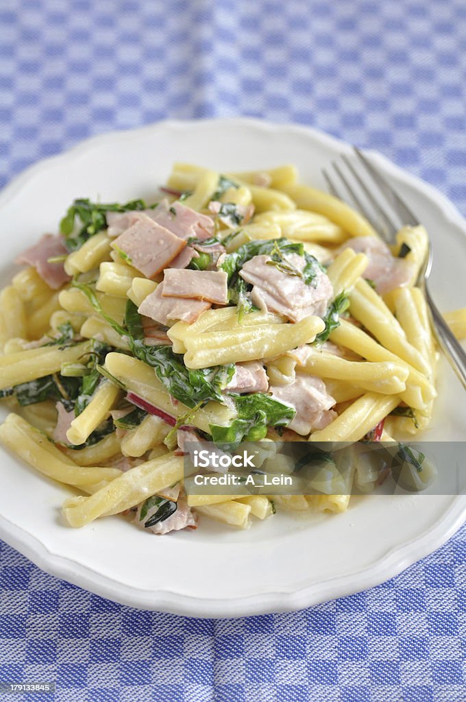 Pasta with spinach and bacon Basil Stock Photo
