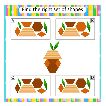 Logic puzzle for children. Find the correct set of cartoon acorn. Preschool worksheet activity. Vector illustration. Answer is D.