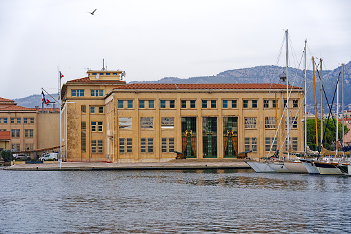 Entrance of Marine Museum of Marine Prefecture at French City of Toulon on a cloudy late spring day. Photo taken June 9th, 2023, Toulon, France.