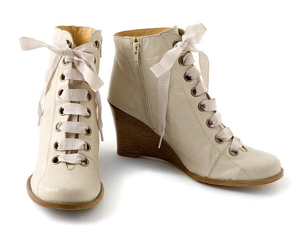 Wooden wedge white leather zipped ankle boots
