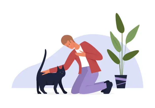 Vector illustration of Man stroking cute cat, sweet hugs of pet owner and adorable furry kitten