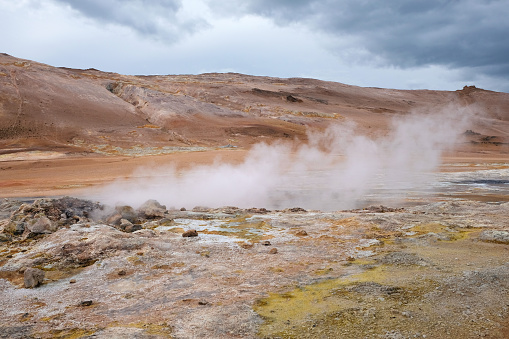 Active geothermal fumarole in Iceland. Geothermal zone with a unique landscape of sulfur reservoirs.