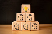 team creative idea or innovative idea concept, Brainstorming process, Wooden blocks with question mark head icon stacked in pyramid stair shape and the top one with light bulb.