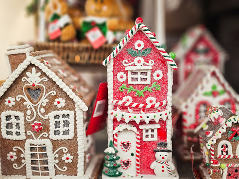Close up color image depicting gingerbread houses on display and for sale in the store at Christmas.