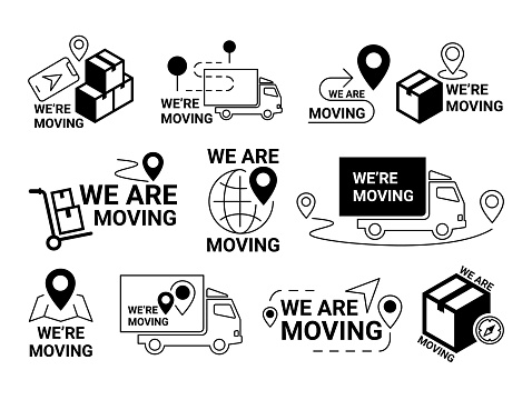 We are moving transportation cargo logistic service minimal line icon set isometric vector illustration. Freight truck package box GPS map relocation transport delivery distance movement company