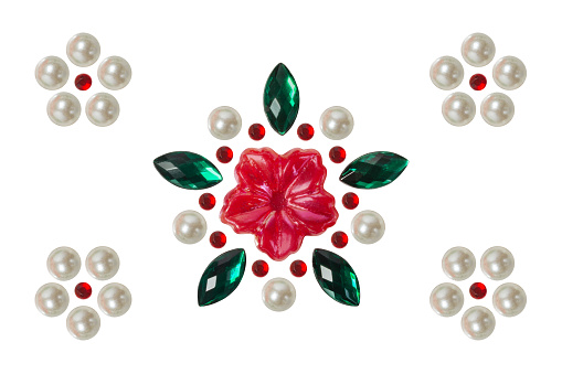 Isolated decorative stickers: flower, leaves, pearls and rhinestones, greeting card.