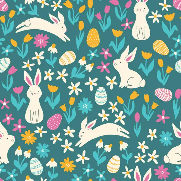 Vector illustration of Seamless vector pattern with cute Easter bunnies and decorated Easter eggs and folk flowers.