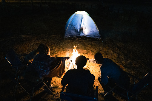 Rear view of family around campfire while camping in the forest