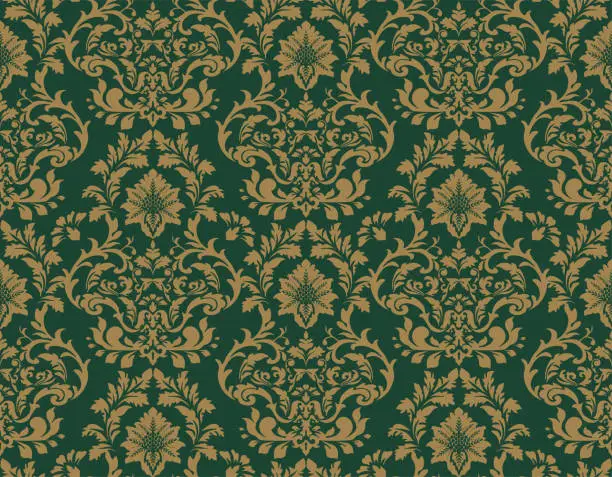 Vector illustration of Green And Gold Victorian Damask Luxury Decorative Fabric Pattern