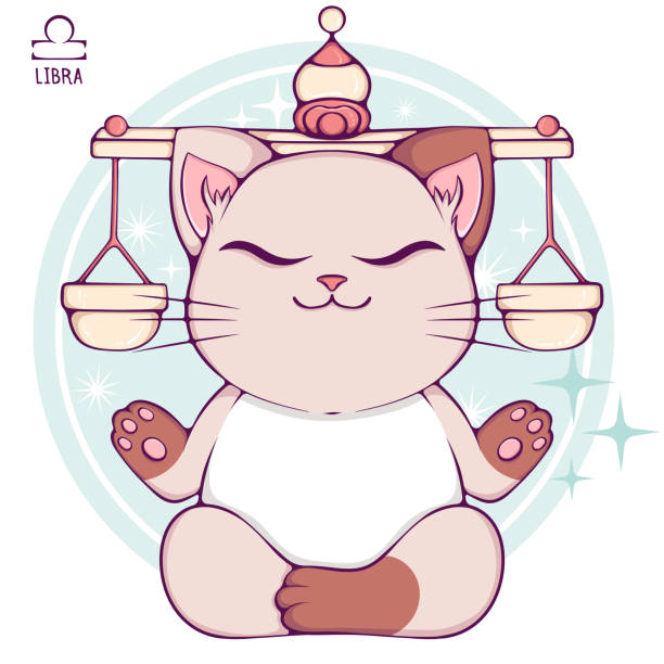 ilustrações, clipart, desenhos animados e ícones de libra bonito dos desenhos animados cor do gato do zodíaco - white background yoga backgrounds relaxation exercise