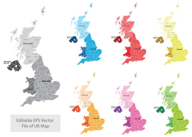 ilustraciones, imágenes clip art, dibujos animados e iconos de stock de conjunto de diseño vectorial del mapa político del reino unido y de las islas británicas con el nombre y la frontera de los países y las capitales. ilustración moderna de stock multicolor abstracto. mapa administrativo simplificado y aislado con el no - reino unido