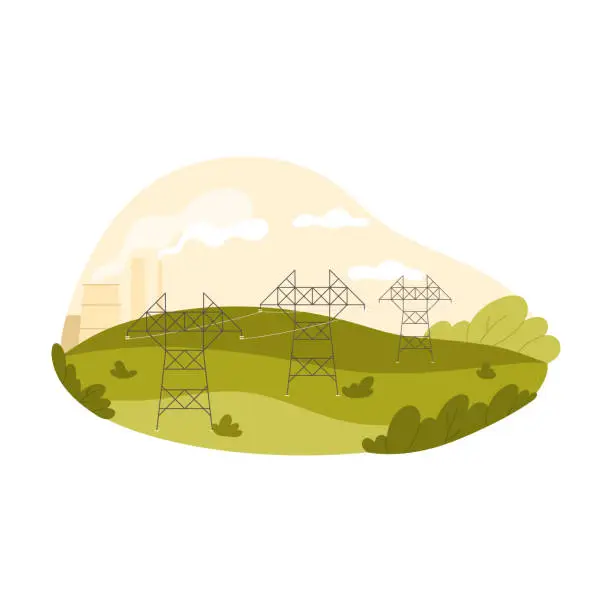 Vector illustration of Summer rural landscape with high voltage power line and transmission towers through fields