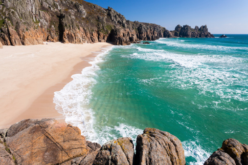 Overlooking Pedn Vounder Beach from Treen Cliffs Cornwall England UK