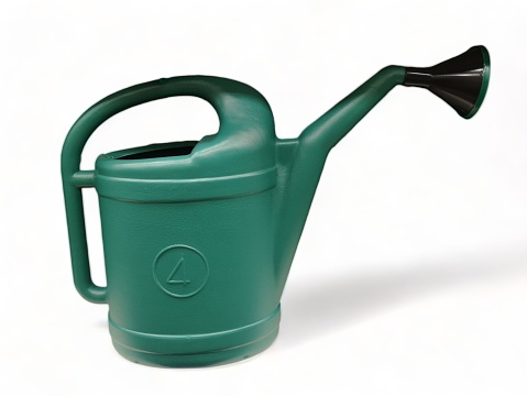 Green plastic watering can with sprinkler