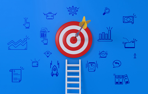 Ladder glowing and aiming high with business icons on blue background. 3D rendering.