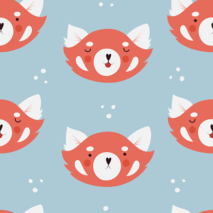 Vector seamless pattern with cute red panda faces, adorable animals for nursery and kids