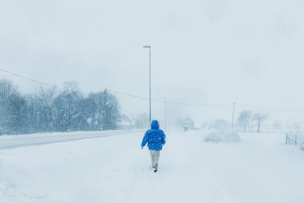 kobieta w niebieskim płaszczu podziwiająca zimę spacerującą po ulicy w skandynawskiej wiosce podczas obfitych opadów śniegu - rear view winter blizzard nordic countries zdjęcia i obrazy z banku zdjęć