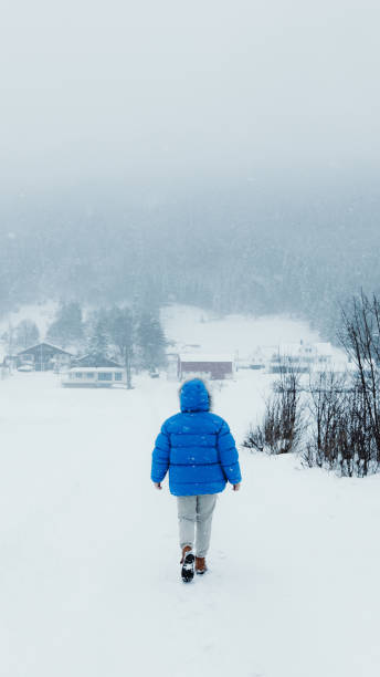 大雪の中、スカンジナビアの村を歩く冬のおとぎ話に感嘆する青いコートの女性 - rear view winter blizzard nordic countries ストックフォトと画像