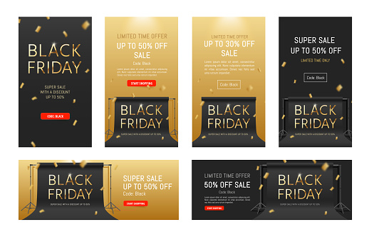 Black Friday Sale banner vector set. Special price. Fashion, beauty design template. Social media story sale design. Vertical  banners with falling confetti. Stories collection. Website headers.