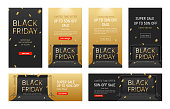 Black Friday vector banner set. Sale banners. Social media stories. Black background with text: Black Friday and golden confetti. Horizontal web site headers. Gold premium fashion background. Posters for store windows during seasonal sales.