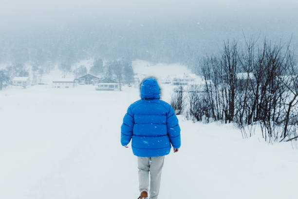 donna in cappotto blu che ammira la fiaba invernale che cammina nel villaggio scandinavo durante una forte nevicata - rear view winter blizzard nordic countries foto e immagini stock