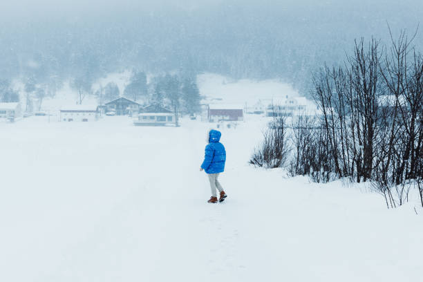 donna in cappotto blu che ammira la fiaba invernale che cammina nel villaggio scandinavo durante una forte nevicata - rear view winter blizzard nordic countries foto e immagini stock