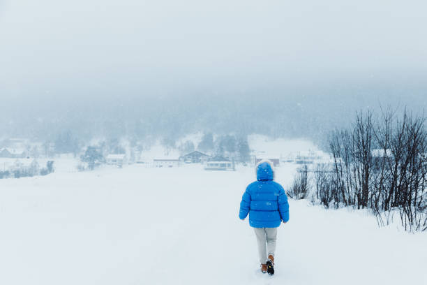 kobieta w niebieskim płaszczu podziwiająca zimową bajkę spacerująca po skandynawskiej wiosce podczas obfitych opadów śniegu - rear view winter blizzard nordic countries zdjęcia i obrazy z banku zdjęć