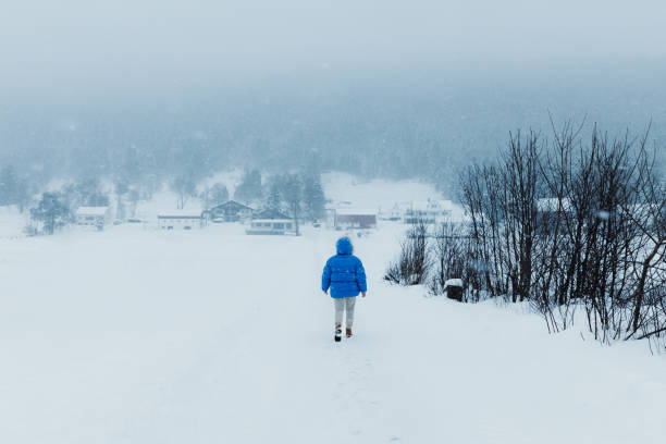 mulher no casaco azul admirando o conto de fadas do inverno andando na vila escandinava durante a queda de neve pesada - rear view winter blizzard nordic countries - fotografias e filmes do acervo